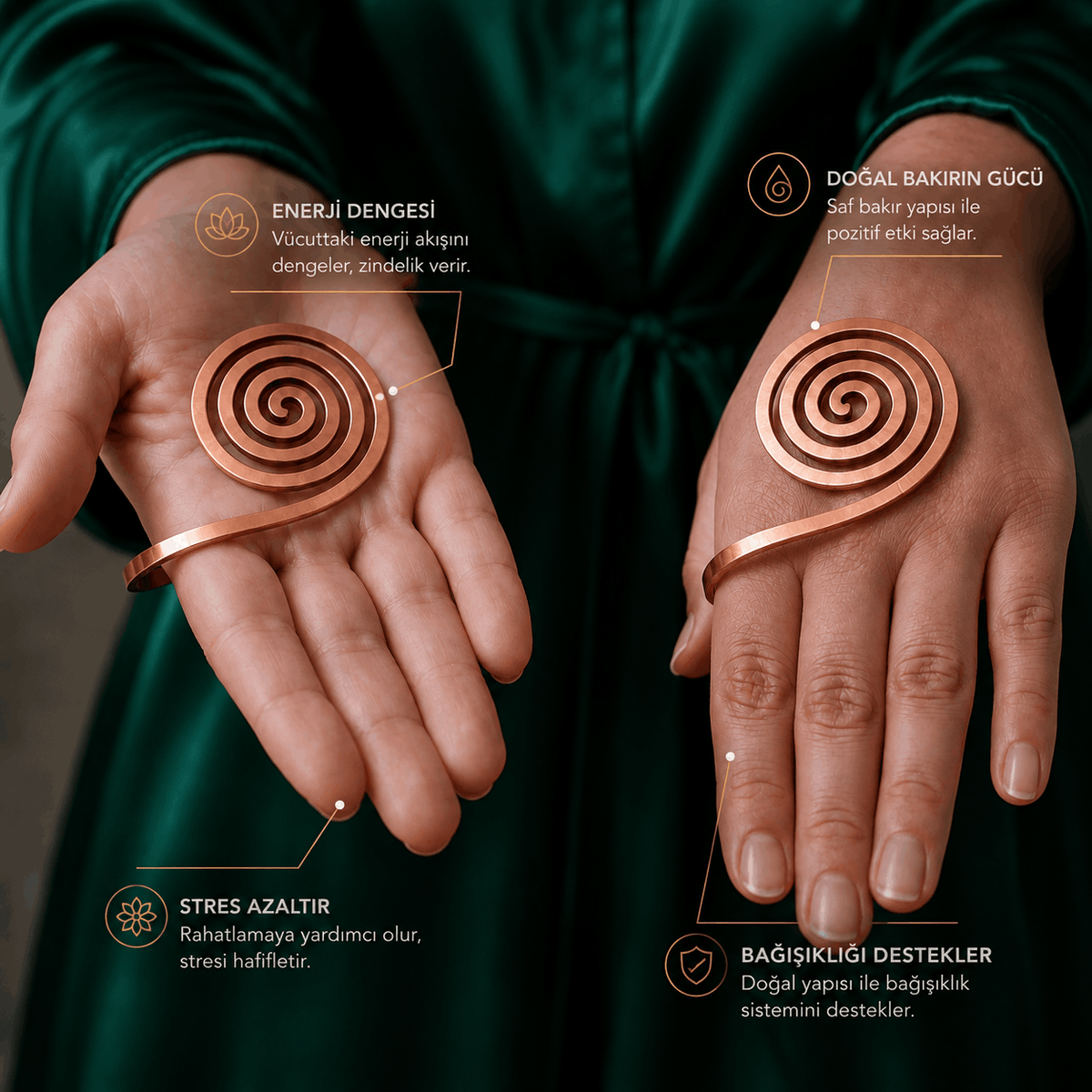 Enerji Sarmalı – Saf Bakır Spiral Avuç İçi Aksesuarı (2’li Set)